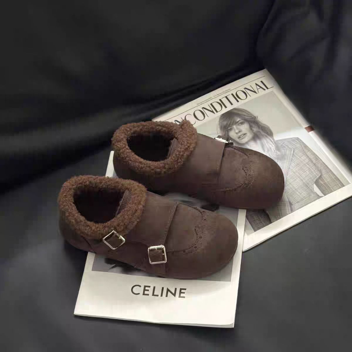 复古雕花双扣带布洛克风加绒保暖