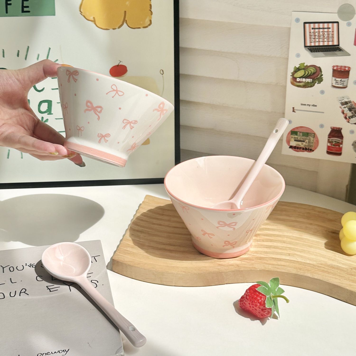 424【粉白蝴蝶结】斗笠碗两碗两勺 釉下彩少女蝴蝶结陶瓷饭碗高颜值