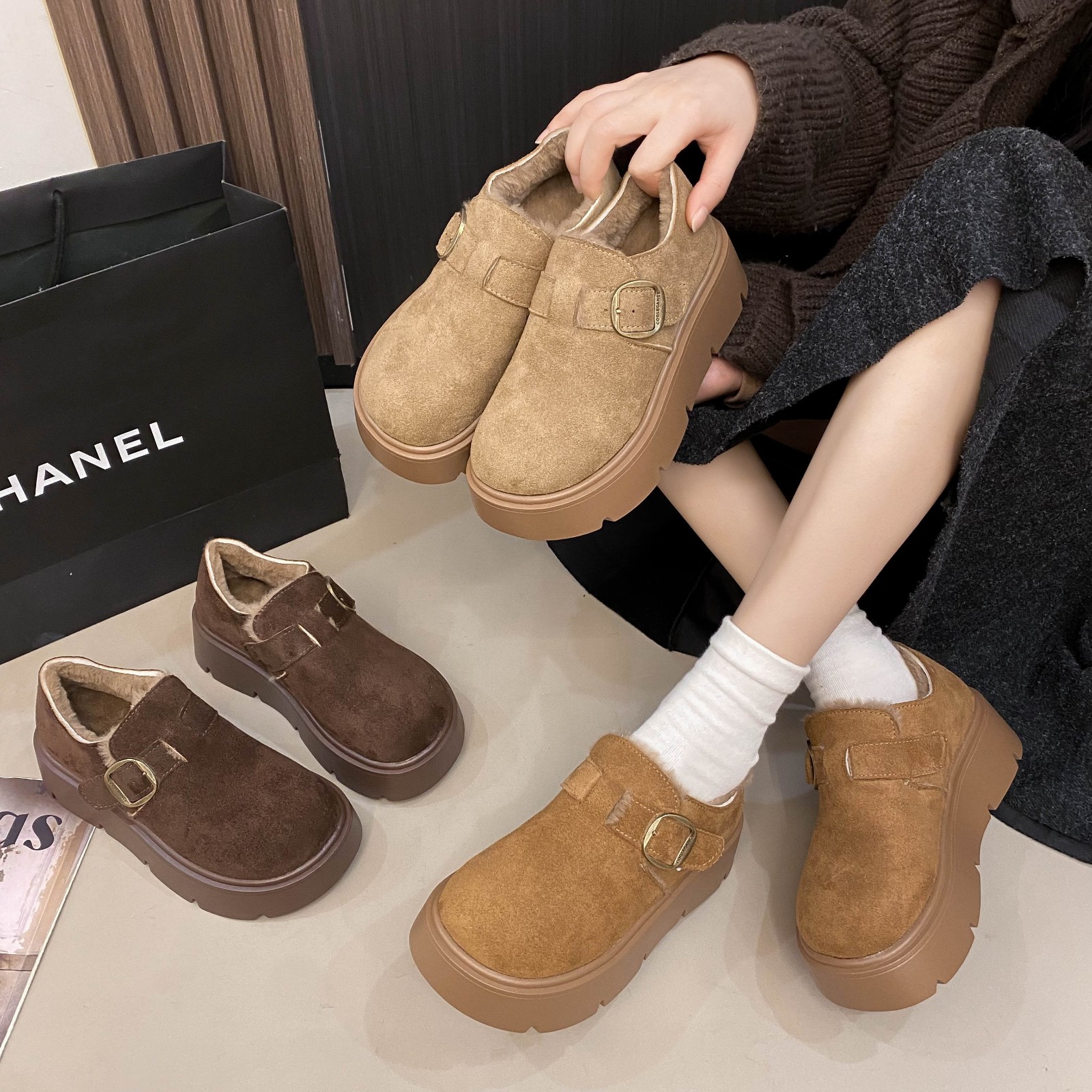松糕厚底增高加绒勃肯鞋女2025冬季新款复古一脚蹬乐福博肯棉鞋子