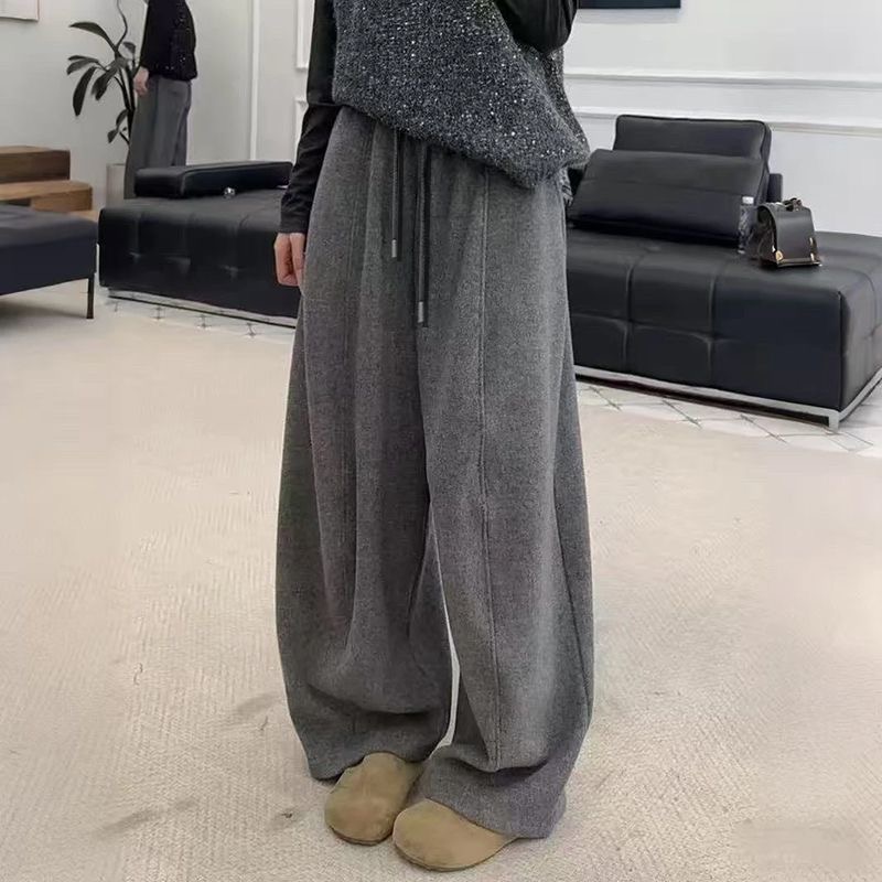 【运费险】松紧腰抽绳弯刀长裤拖地裤女2025冬季新款韩版阔腿裤
