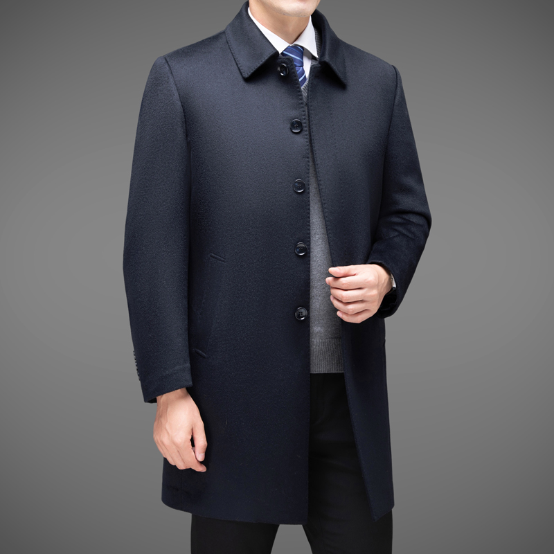 纯中长款羊毛可脱卸内胆中年男士秋冬季商务加厚双面呢翻领大衣