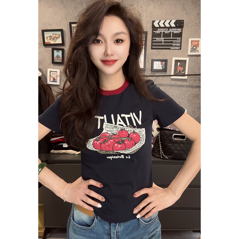 番茄印花棉T恤女撞色罗纹圆领修身显瘦简约别致上衣