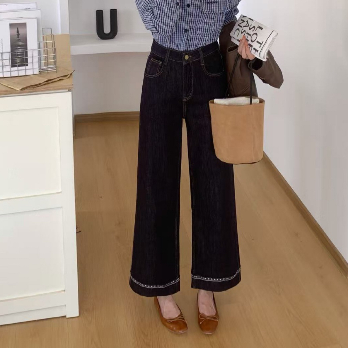 （裤长94）607黑金色加绒加厚阔腿牛仔裤秋冬高腰显瘦直筒九分裤