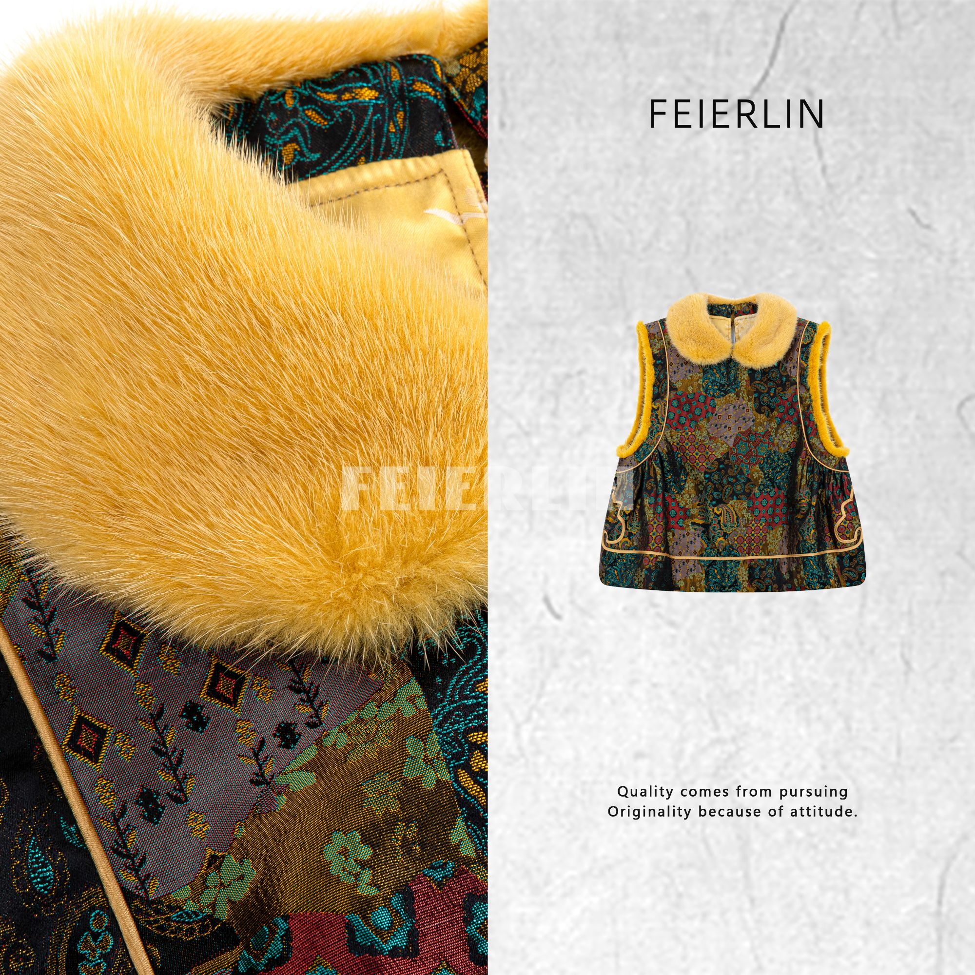 FEIERLIN- 2025深圳原创新中式女装桑蚕丝冬夹棉水貂毛马甲90265