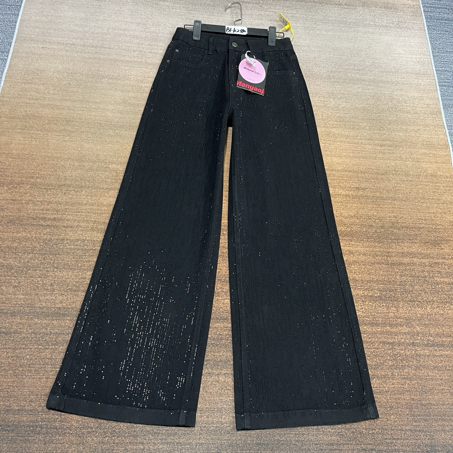 #B1-K2380 黑色网红重工流星雨满钻阔腿裤 无弹（不换退）