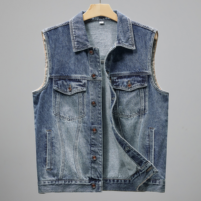 欧美高端牛仔马甲男士春夏季百搭无袖坎肩背心外套多口袋工装马夹
