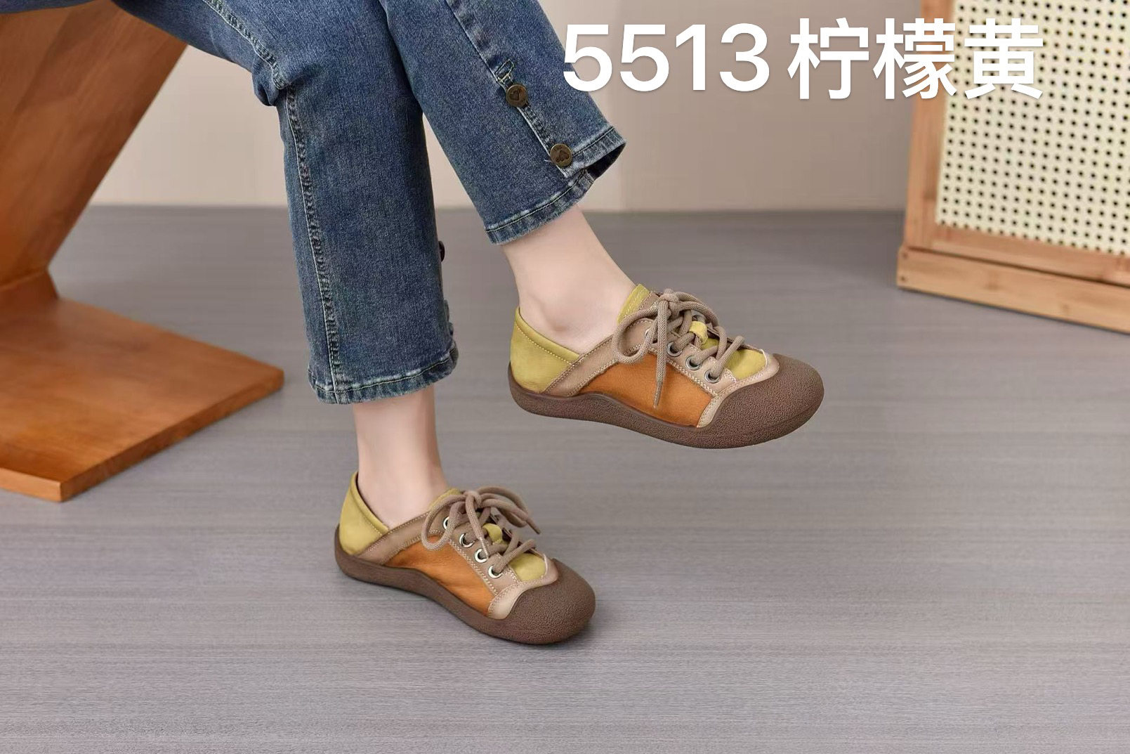 5513休闲鞋低帮混搭风拼色休闲单鞋系带真皮女鞋