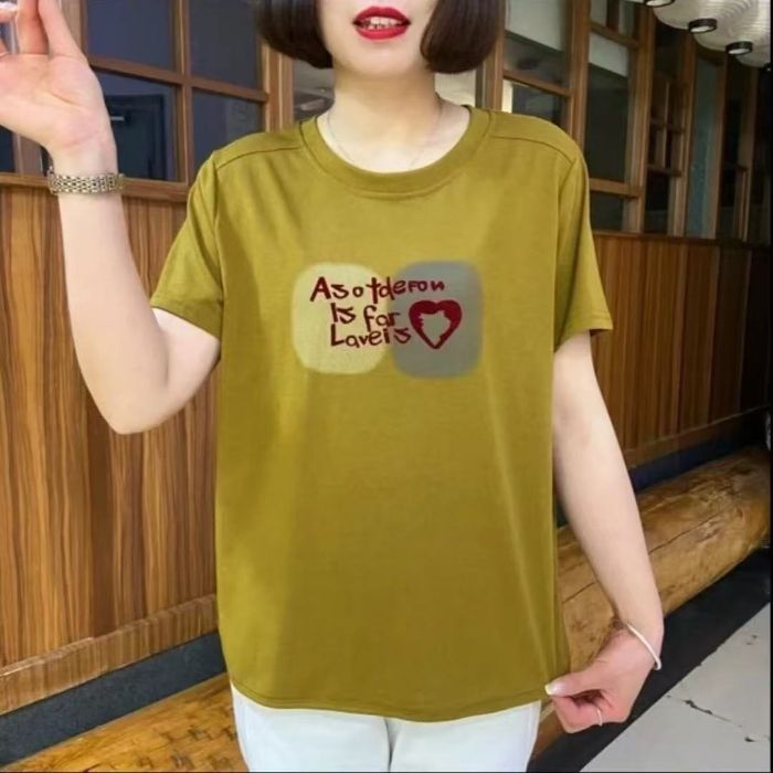 206绿色夏季短袖妈妈装大码显瘦遮肉减龄休闲百搭纯色圆领T恤女