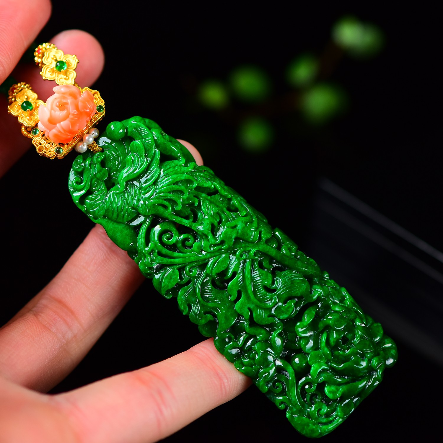 天然A货翡翠花青满辣色凤凰牡丹吊坠