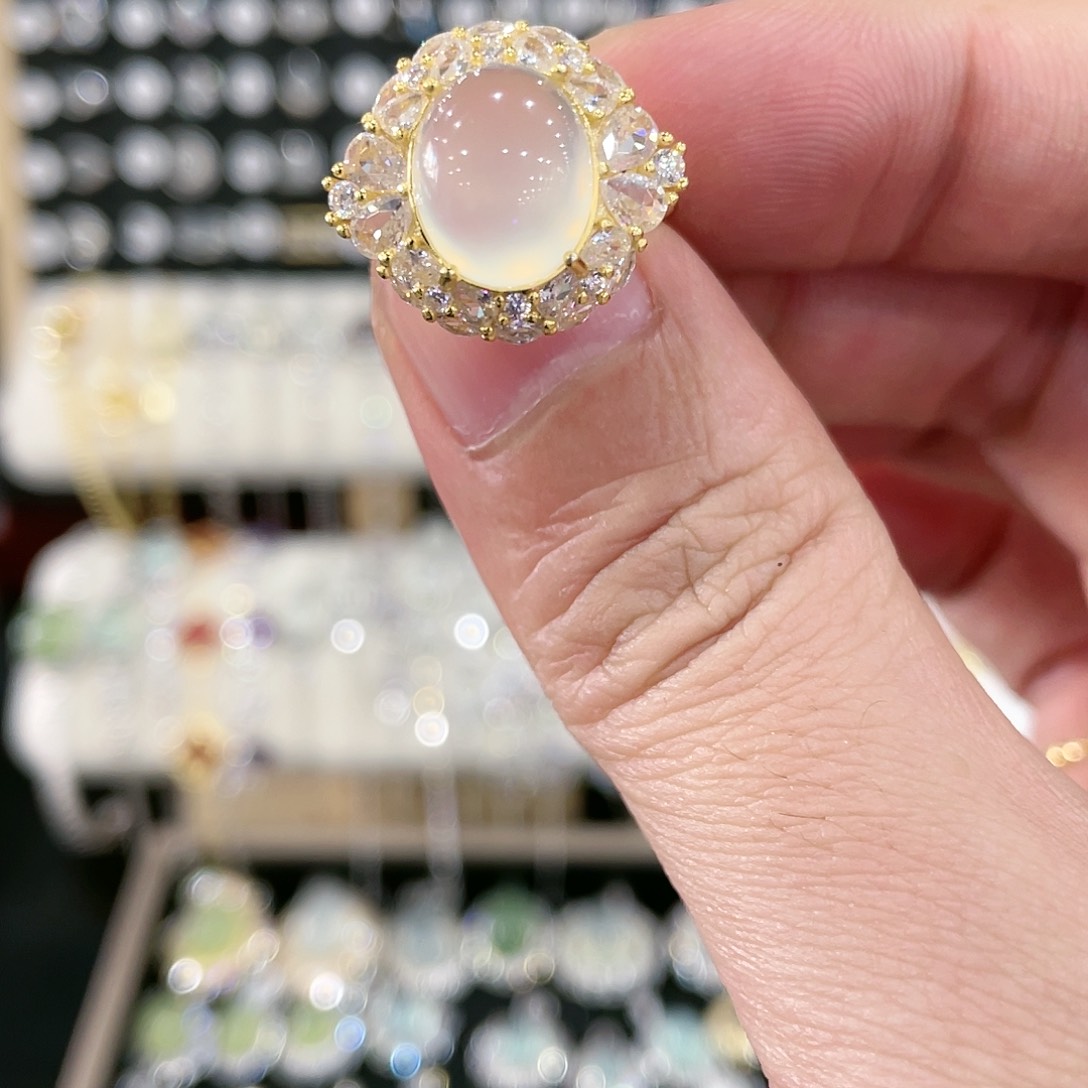 蛇纹石玉戒指银S925镀金镶嵌小***心