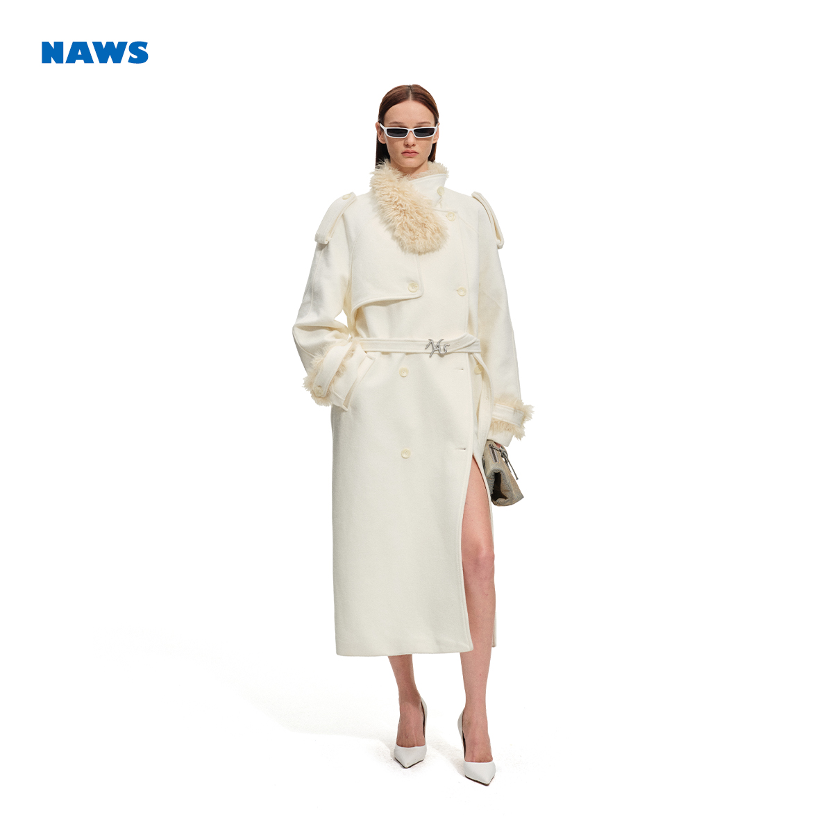 NAWS【明星同款】 羊毛大衣【极地系列】羊卷毛领收腰中长毛呢外套