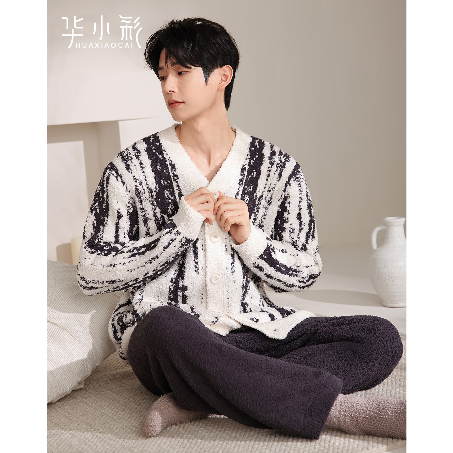 半边绒男士睡衣秋冬季长袖加厚青少年家居服保暖加大码珊瑚绒套装