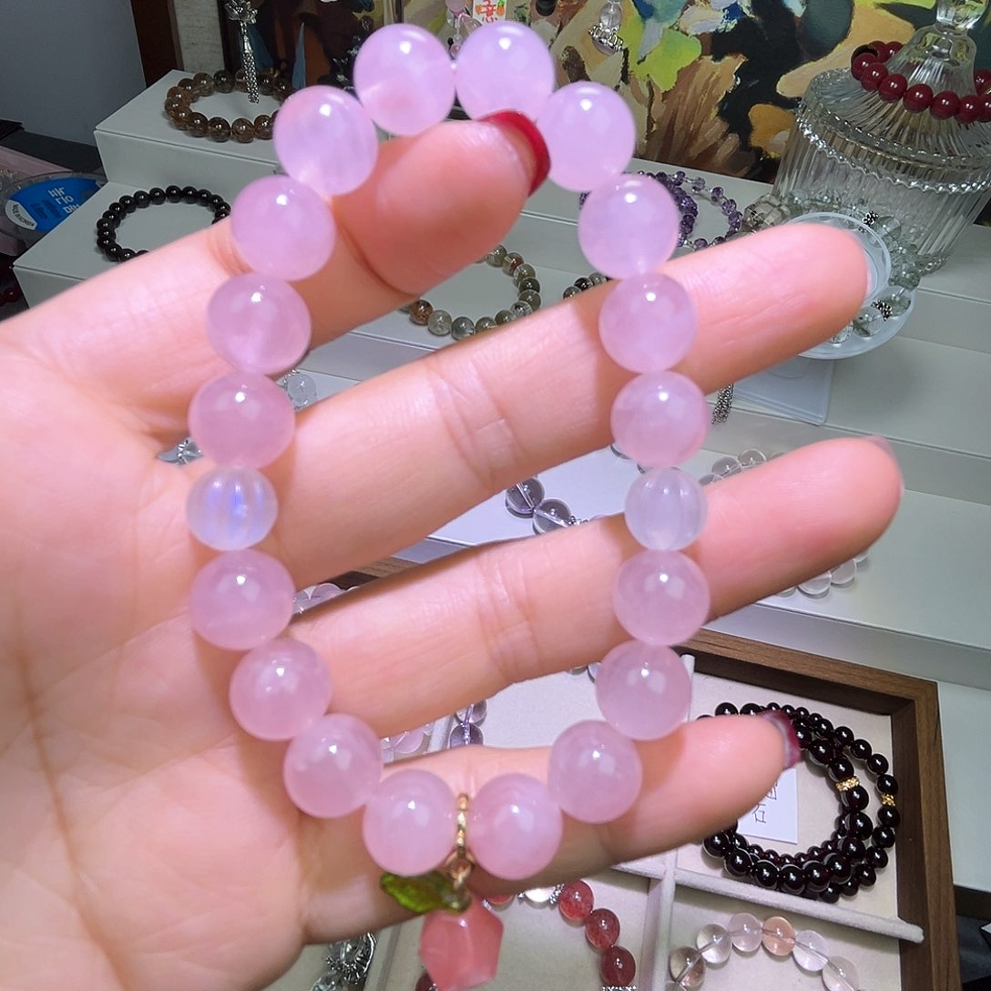 水晶手串合金粉水+蓝月