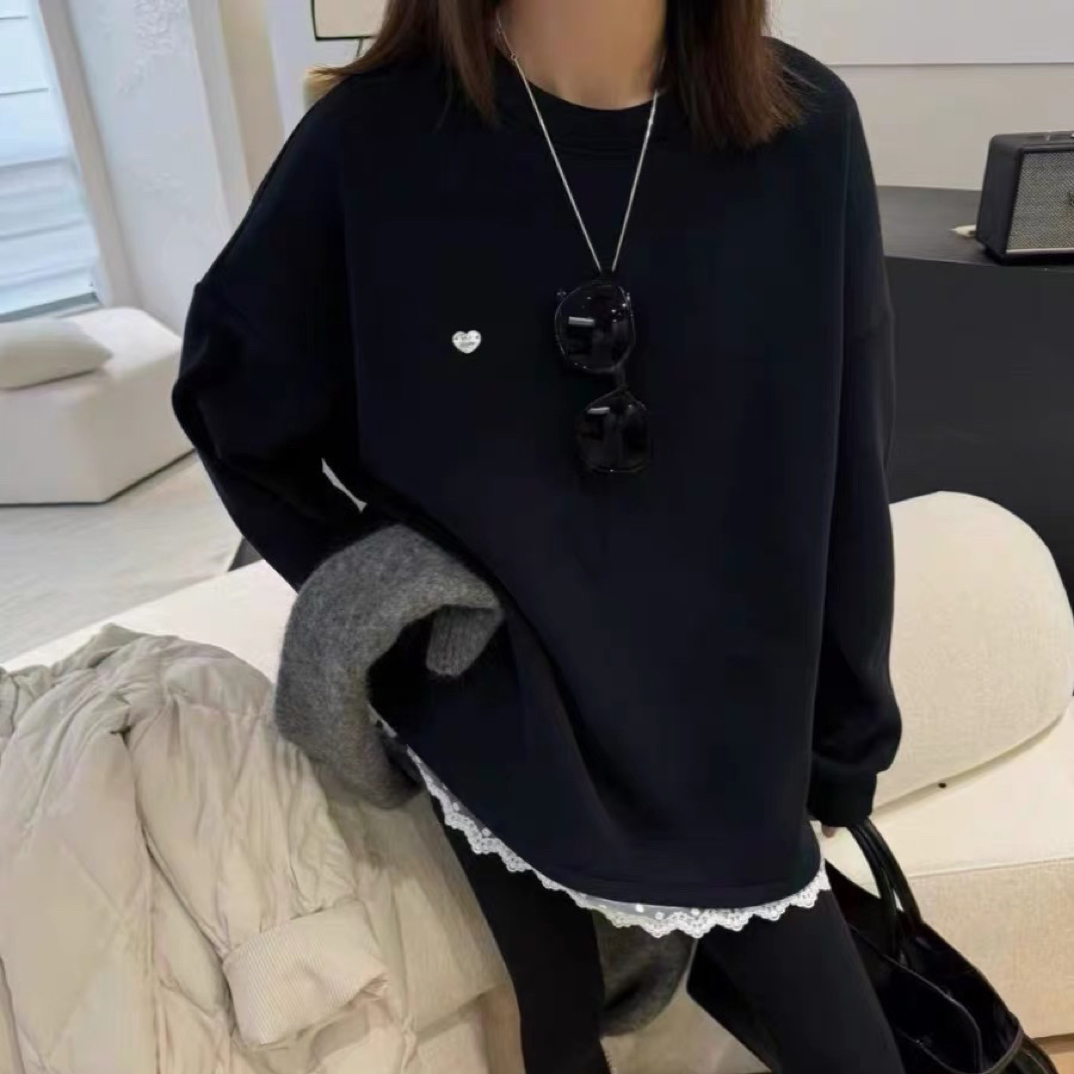 插肩袖拼色加绒加厚圆领字母刺绣卫衣女大码宽松白色打底T恤