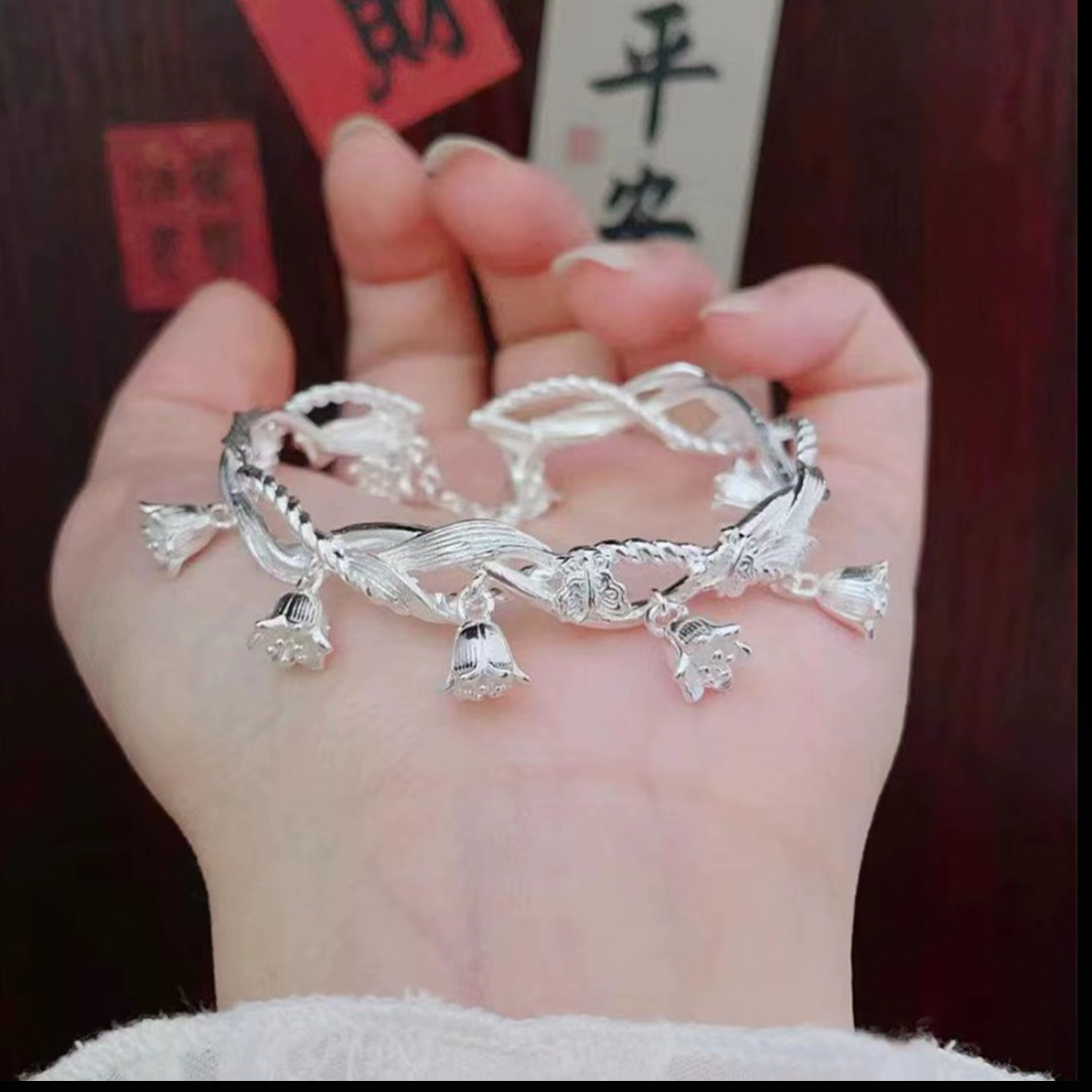 足银手镯 足银手镯铃兰花银手镯女蝴蝶开口手环国风气质闺蜜礼物