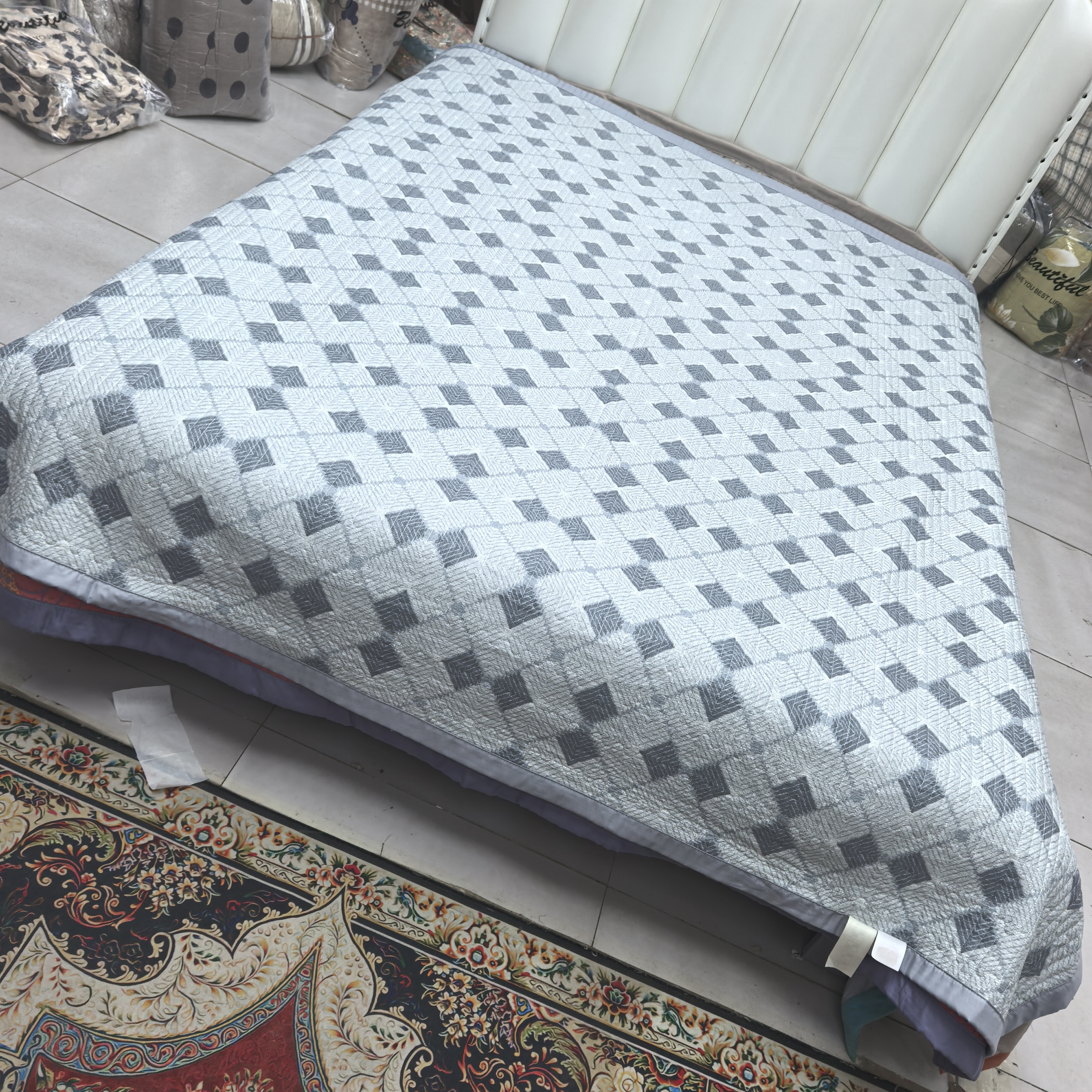 原棉宽边床盖《灰色菱形》2米✕2.3米