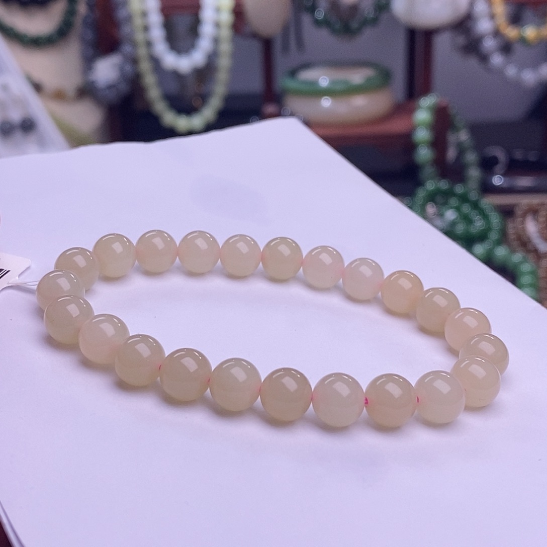 和田玉精品福利老矿藕粉羊脂级红粉圆珠手串8m未镶嵌