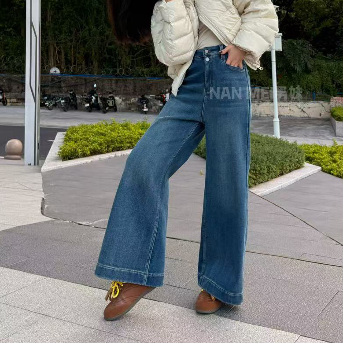 NM【重工堡垒】秋款高腰双纽扣加绒直筒牛仔裤