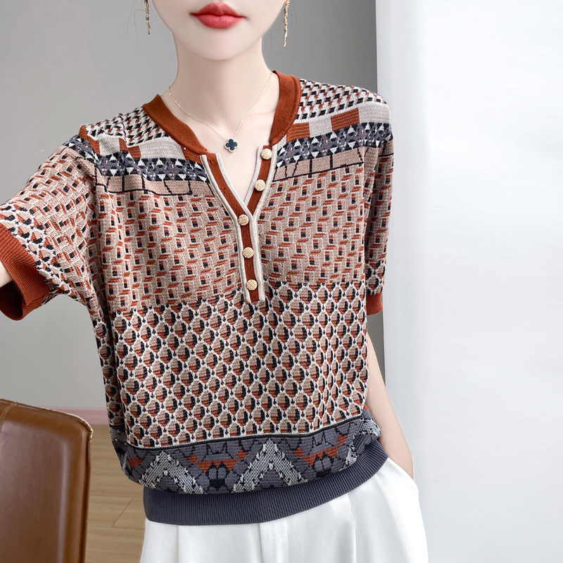 夏季韩版复古提花莱赛尔针织短袖t恤女2025新薄宽松显瘦女装上衣