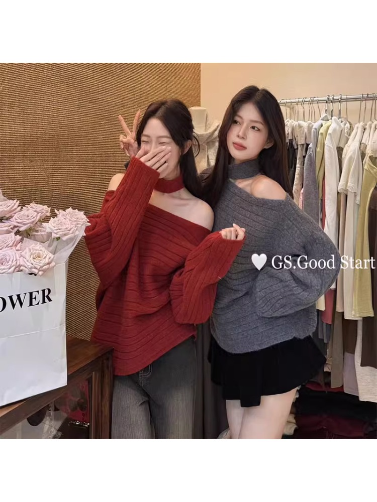 韩系蝙蝠袖一字领脖套毛衣女秋冬气质显瘦百搭针织斜肩针织衫上衣