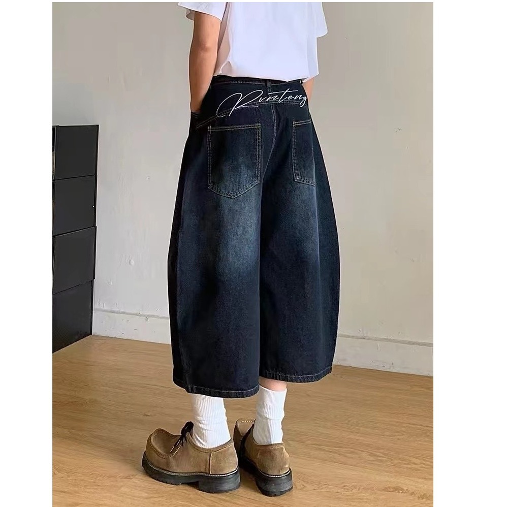 美式复古字母刺绣弯刀牛仔七分裤男女休闲宽松阔腿慵懒梨形短裤