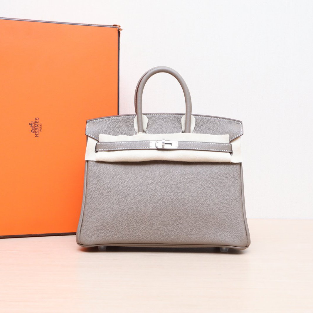 99新 Hermes/爱马仕 小花6枫Birkin 25 大象灰 Togo皮 W刻 银扣包