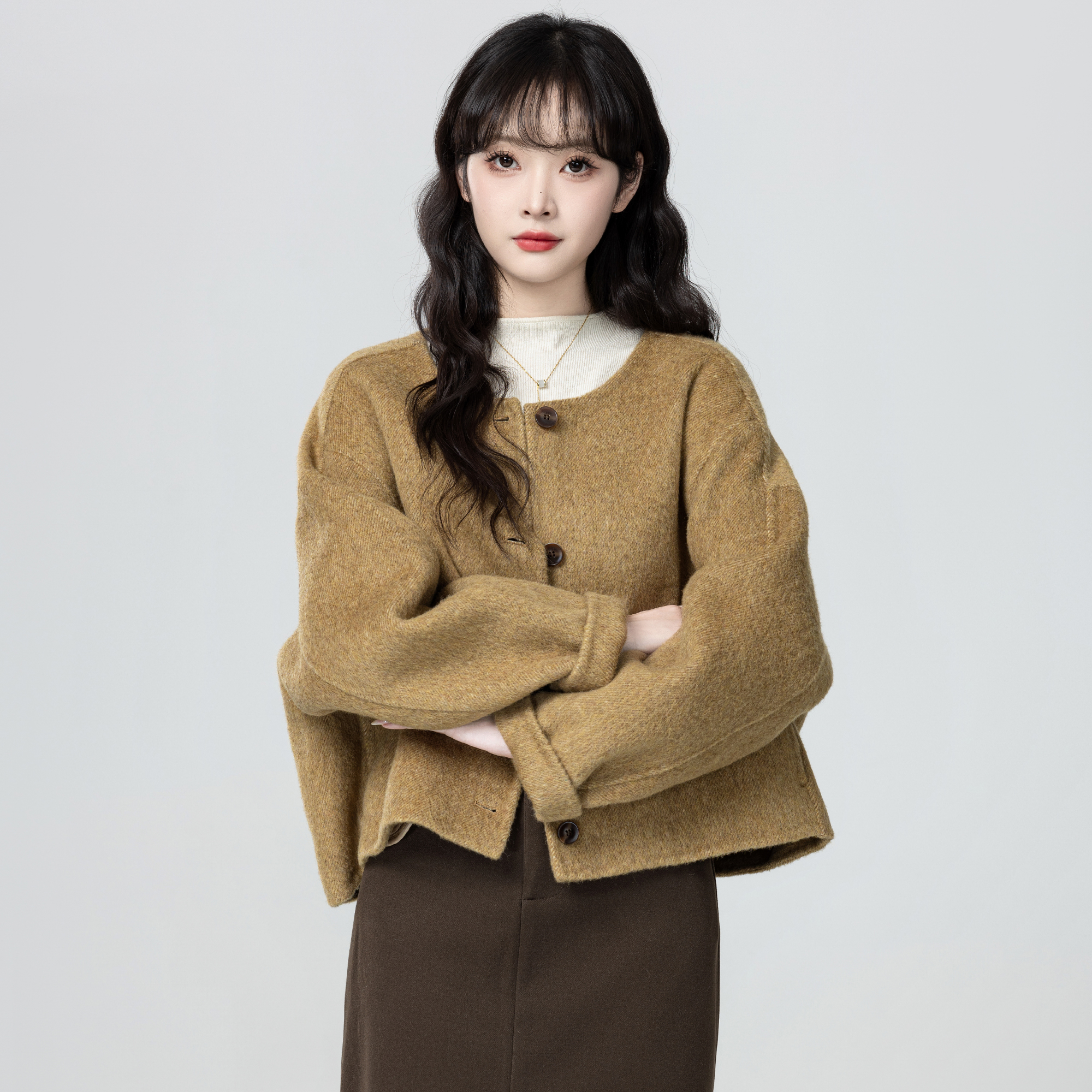 棕色圆领毛呢外套女秋冬2025秋季新款小香风双面呢子开衫短款上衣