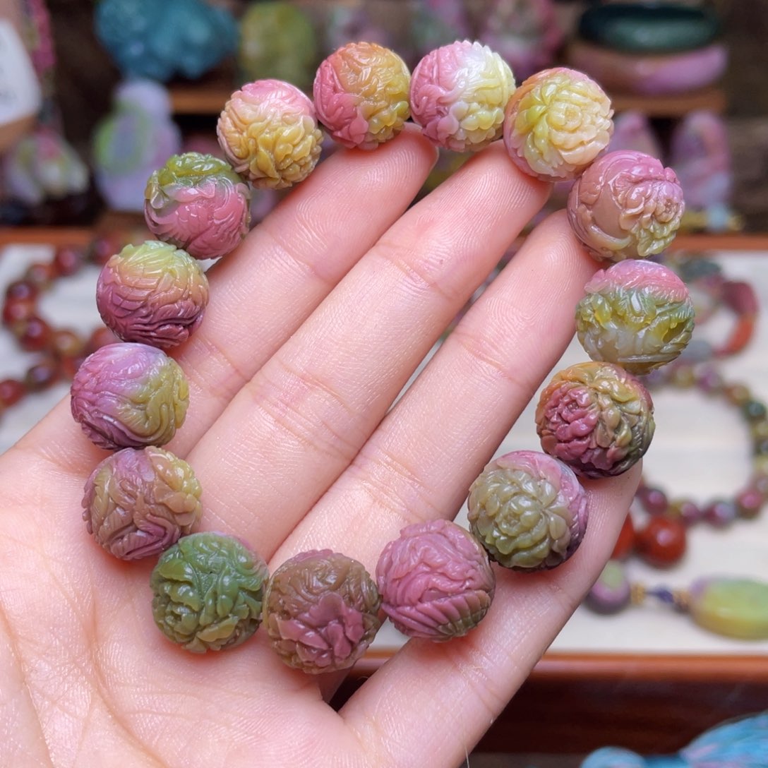 玛瑙/玉髓珠宝半成品未镶嵌家*盐源玛瑙西瓜色凤穿牡丹手串