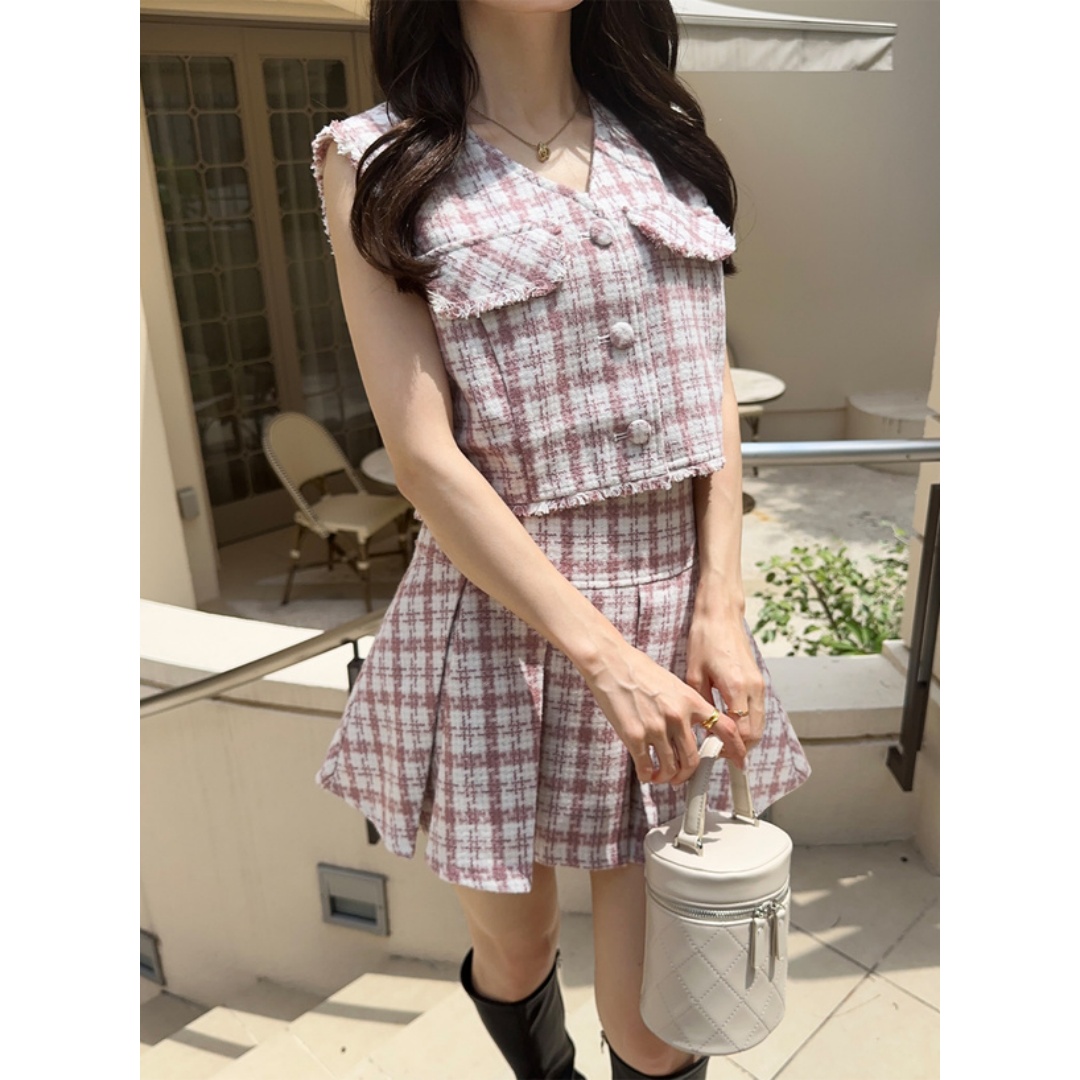 【Montendre】 G 秋季新款 粗花呢格子流苏短马夹百褶裙套装