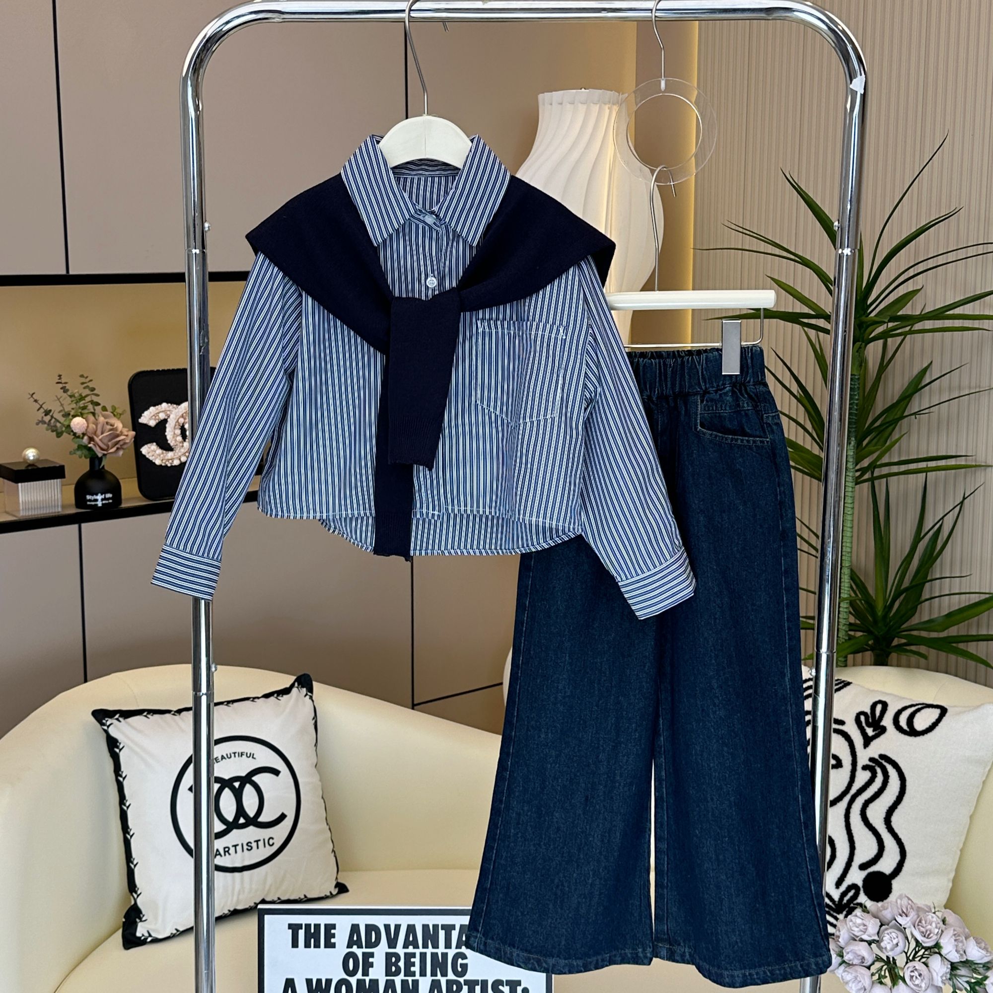 【糖宝魔豆】女童气质春装条纹衬衫披肩套装新款中大童牛仔阔腿裤子