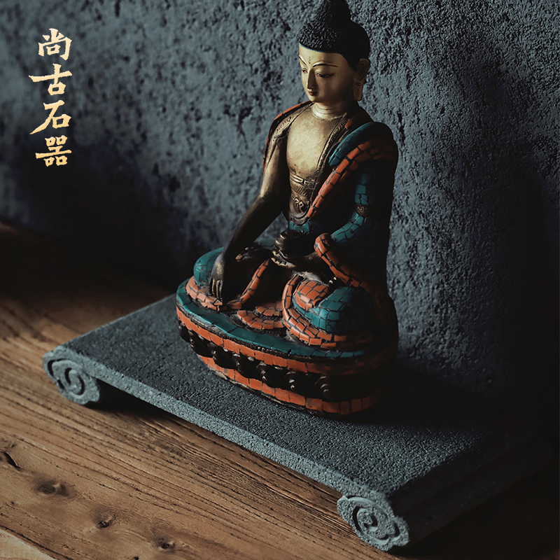 尚古石器 青石祥云底座 壶垫杯垫精致摆件复古托香几案台花盆托架