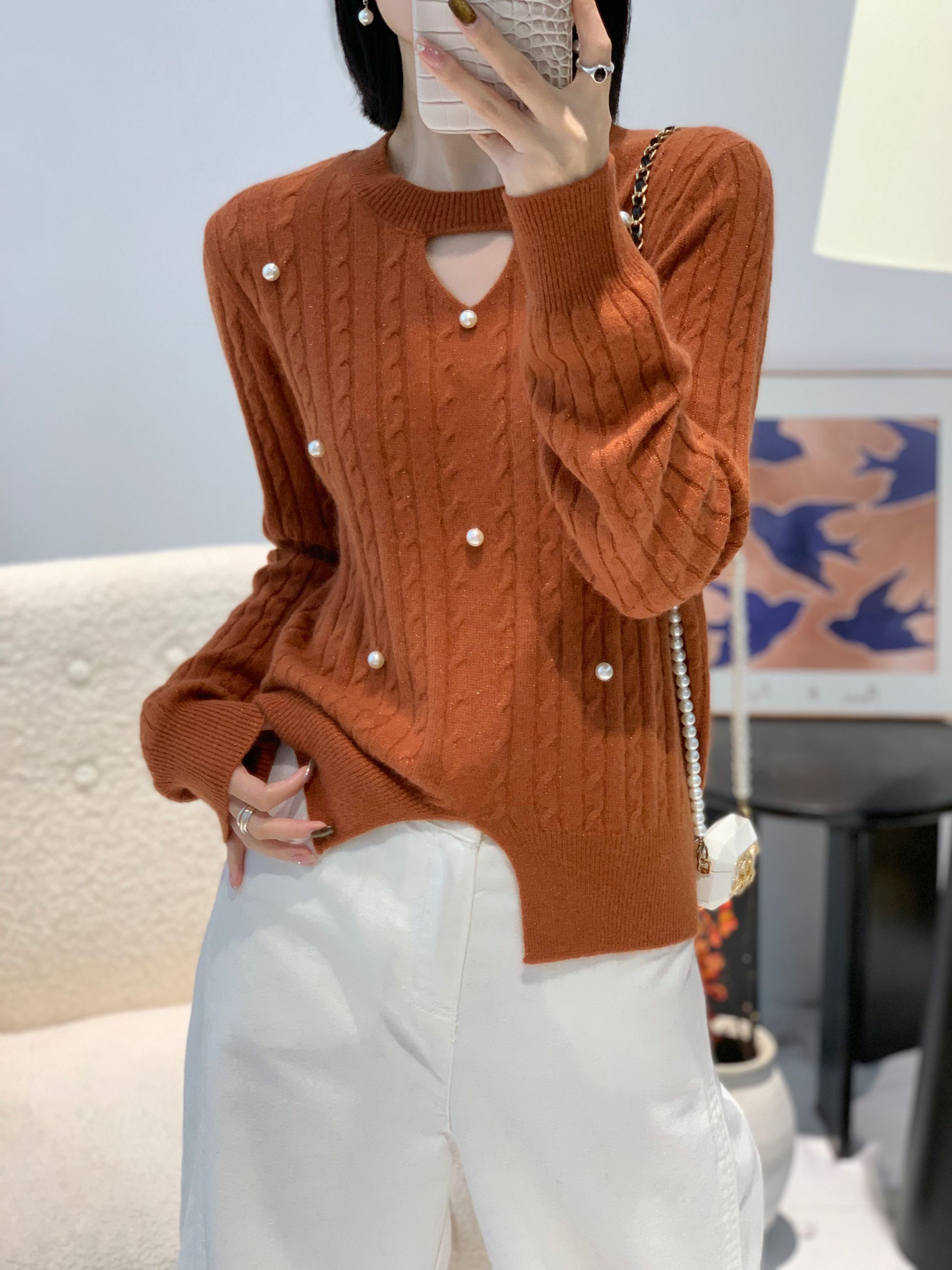 2025秋冬新款气质时尚羊绒羊毛珍珠设计款针织女衫