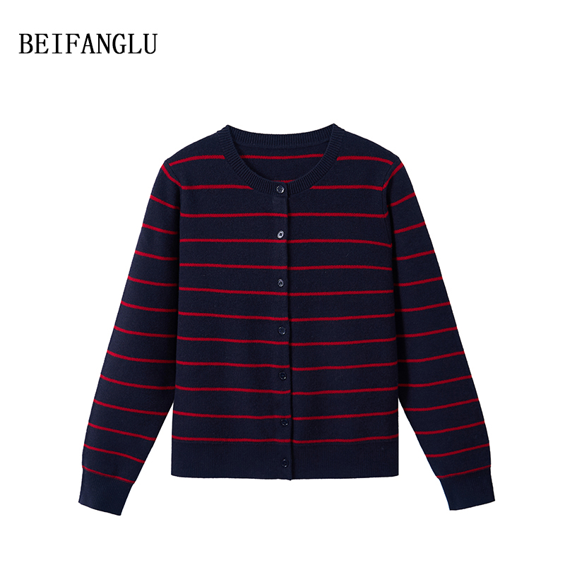 北方鹿 2025秋冬新品100绵羊毛撞色条纹圆领针织开衫外套女251309