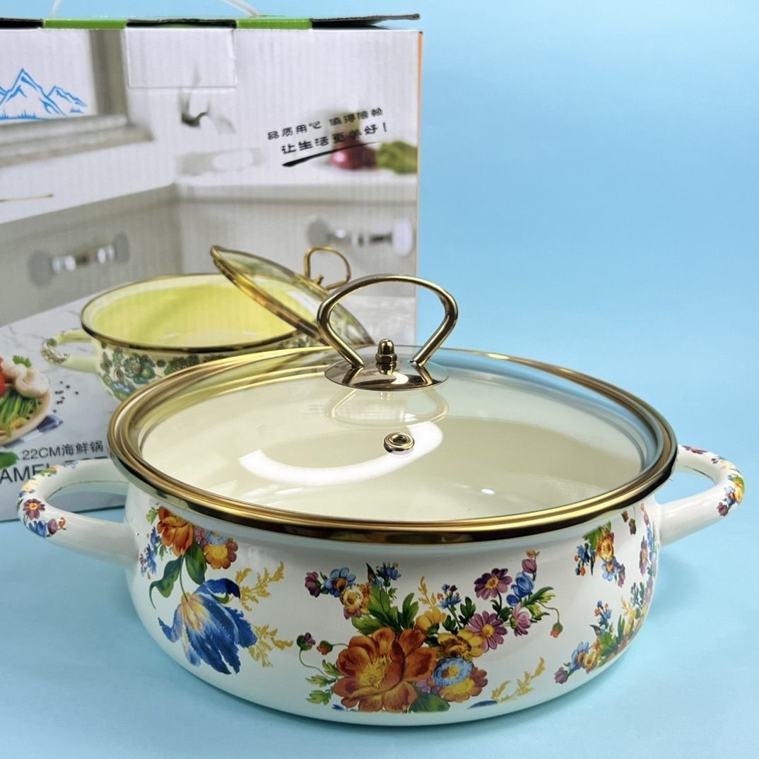 22公分珐琅搪瓷火锅电磁炉煤气灶通用  依兰花火锅海鲜锅