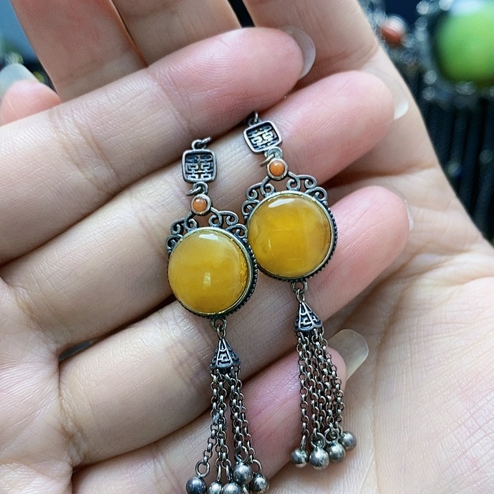 琥珀裸石银S925镶嵌耳坠