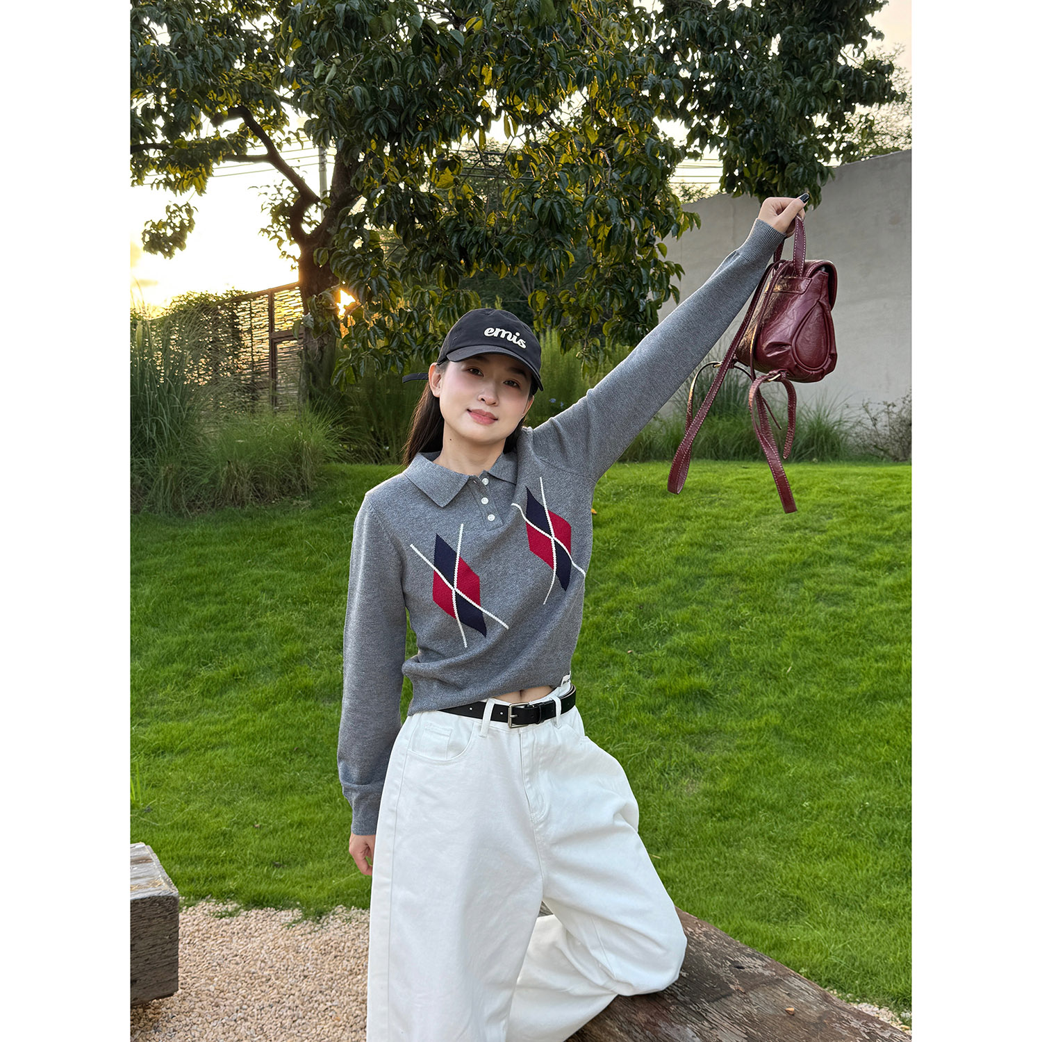19studio WAYNEPRINCE复古学院风翻领毛衣polo领通勤长袖针织衫女