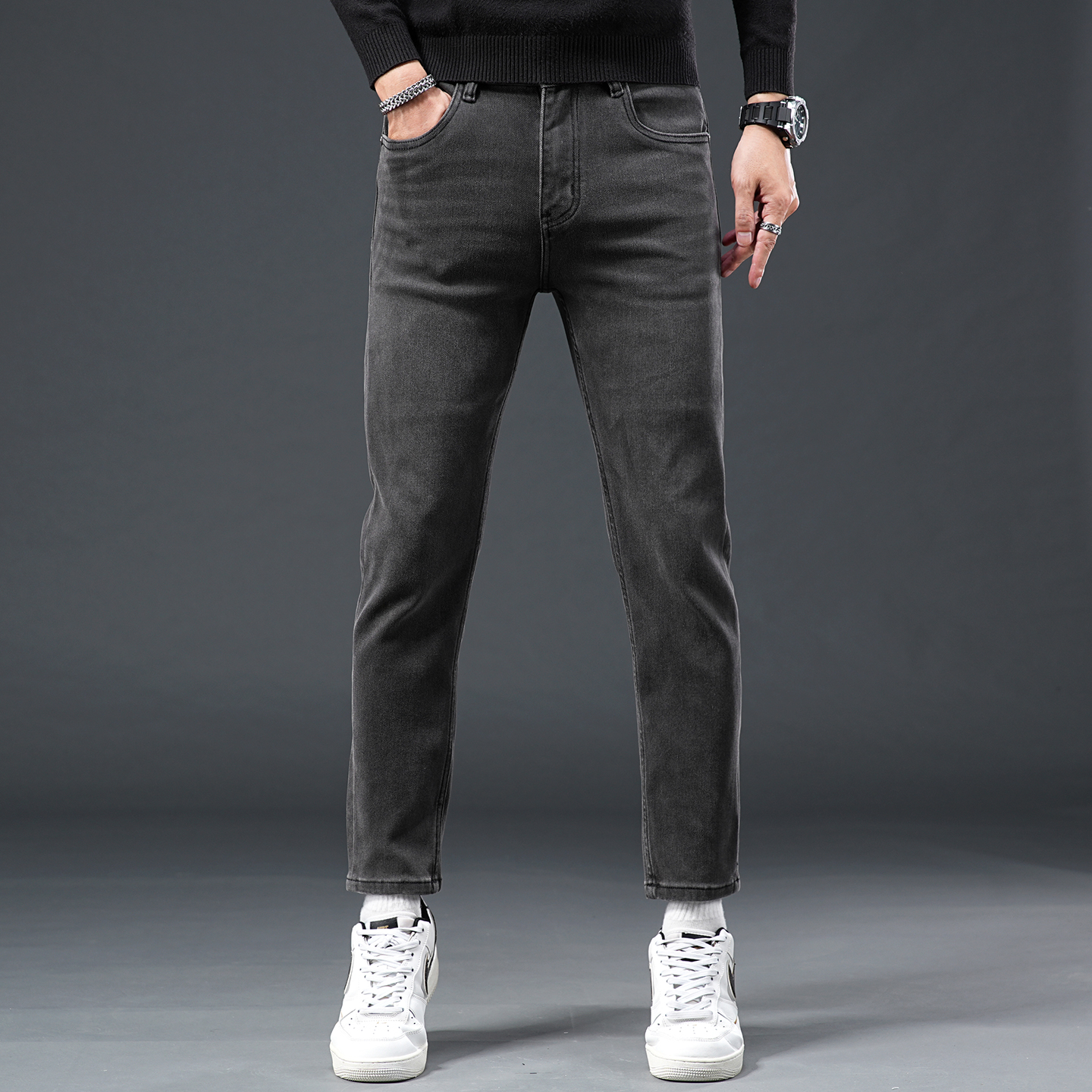 2025秋冬欧版厚款经典尼纳灰牛仔裤男款修身小直筒百搭裤子