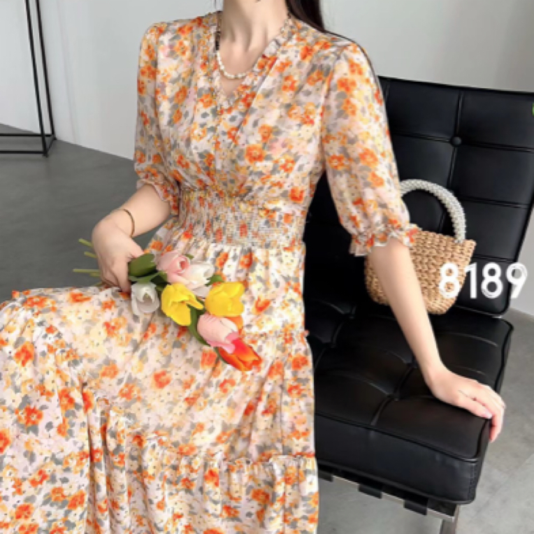 2025年新款黄色小花收腰显瘦连衣裙