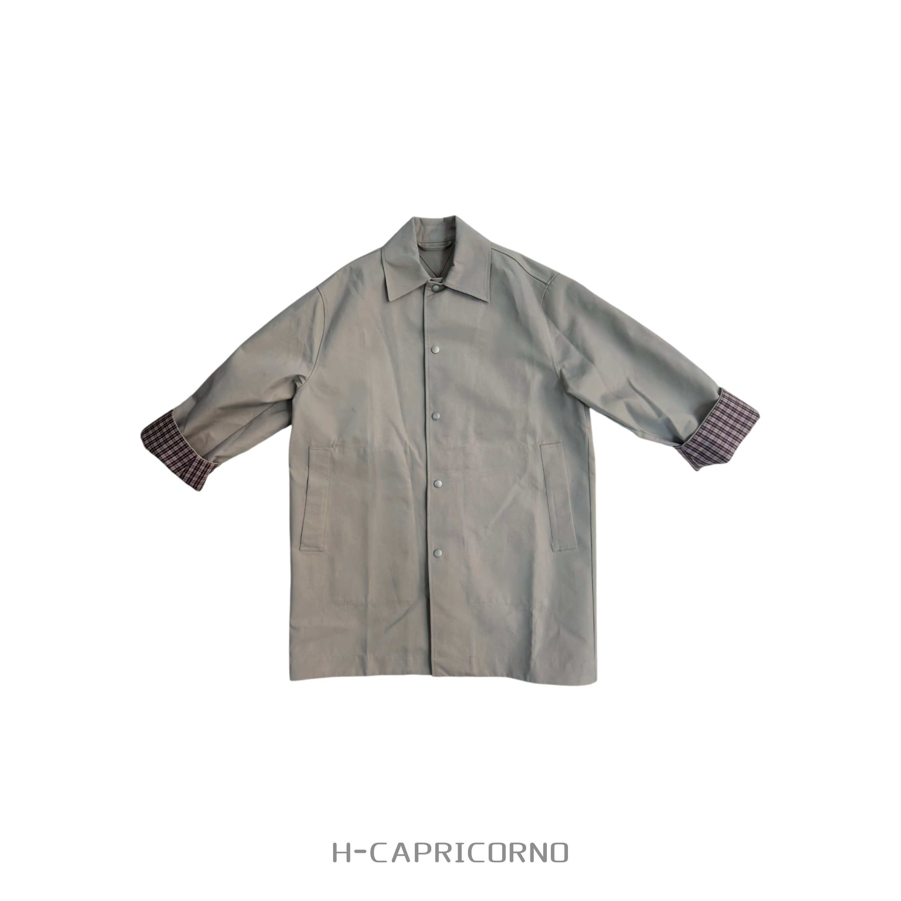 H-CAPRICORNO北欧色织格纹勃艮第红格纹拼接廓形翻领重磅外套风衣