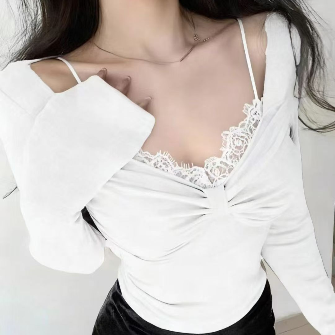 性感高级辣妹风蕾丝拼接长袖T恤女秋冬加绒短款内搭修身百搭上衣