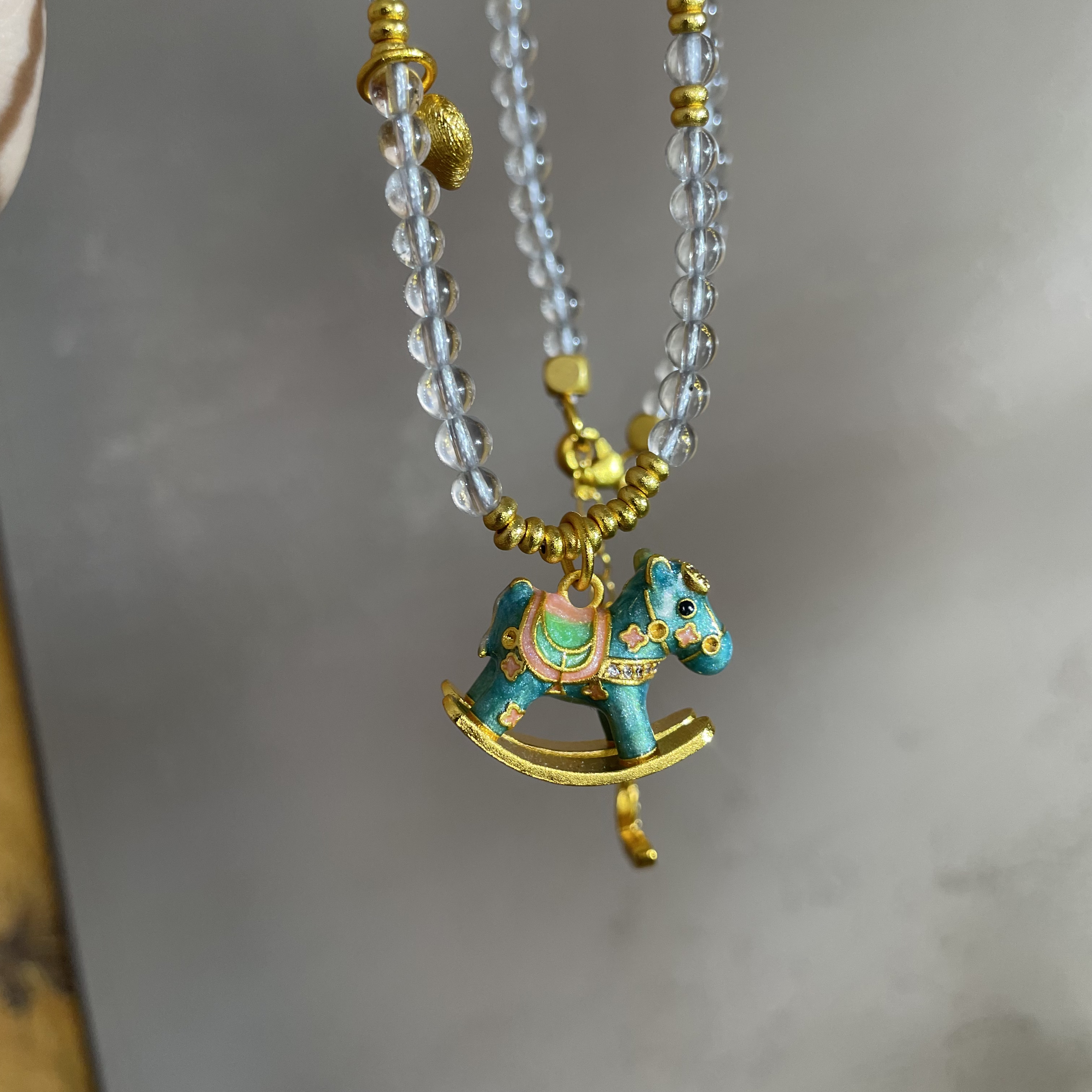 铜合金石英石吊坠 新中式吊坠白水链条小马吊坠国风项链锁骨链