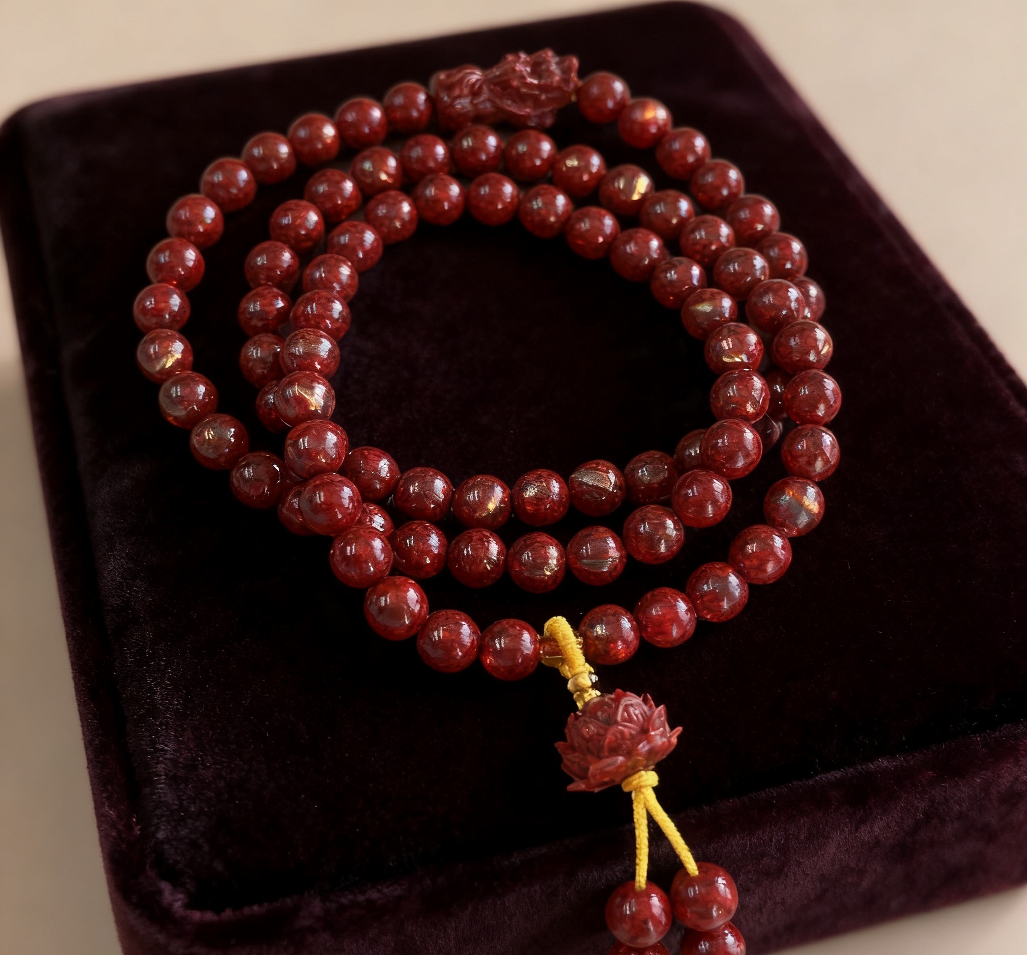 晶体朱砂三圈莲花手串