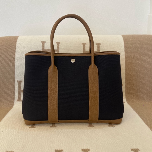 99新 Hermes/爱马仕 花园36 Z帆布 黑色栗子色银扣手提包mk0130a1