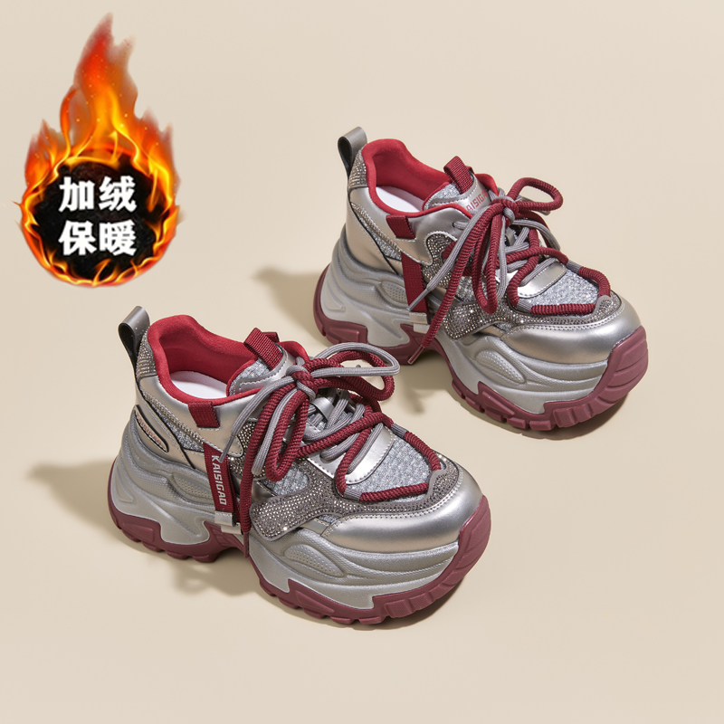 水钻加绒女老爹鞋厚底老爹鞋休闲鞋运动鞋百搭网红时尚真皮ins