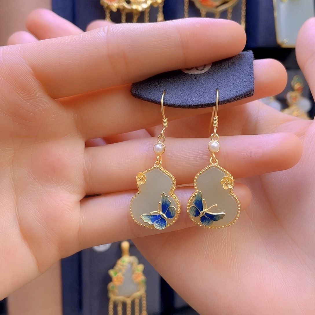 和田玉耳饰银S925镀金镶嵌