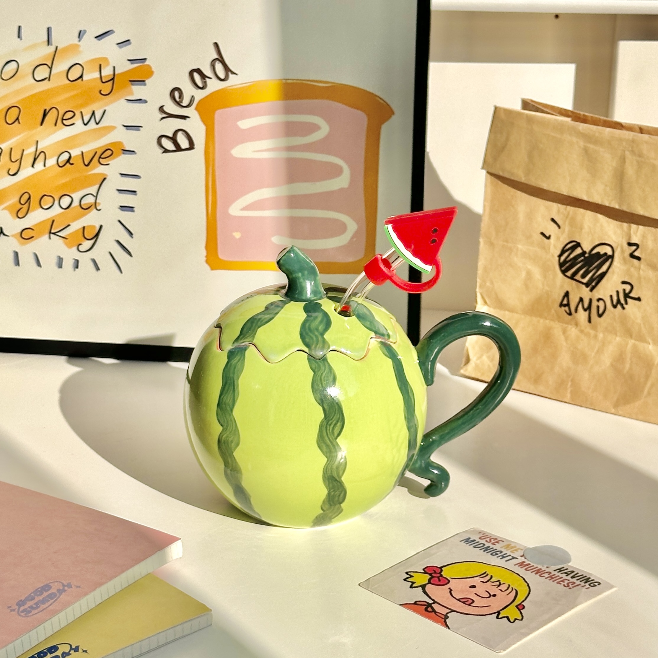 ins风稀奇古怪耐热陶瓷西瓜碗可爱高颜值沙拉带盖马克杯子礼物