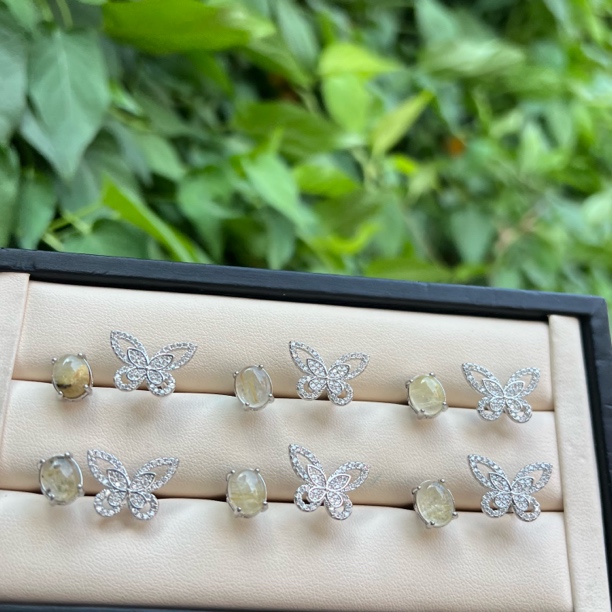 【月月家】G104天然水晶 原创金发晶设计款蝴蝶戒指 多样性发其一
