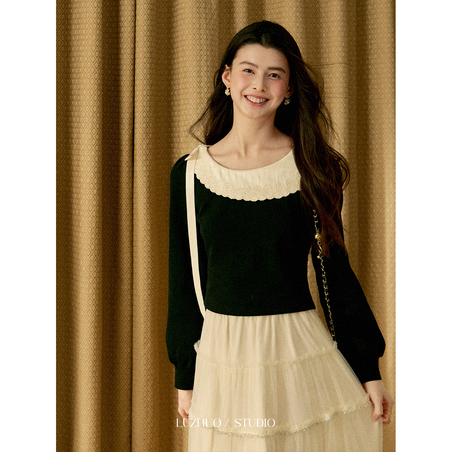 【品牌撤柜款ZB】鹿卓设计感T恤通勤风圆领长袖方领百搭MYL045026