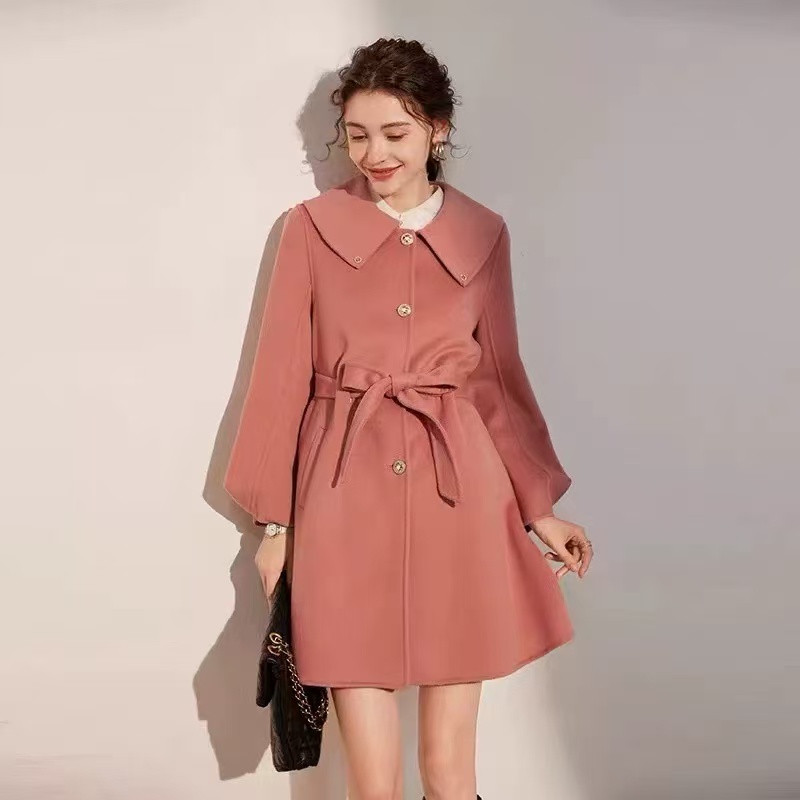 【W0461粉色黄色翻领羊毛大衣】时尚休闲时尚百搭洋气外套女