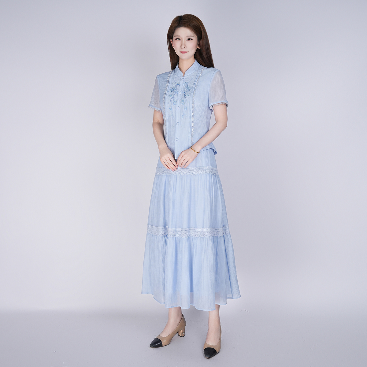 浒城古娘多巴胺飘逸温柔绣花夏追光者套装HBWM052076+HBWM052077
